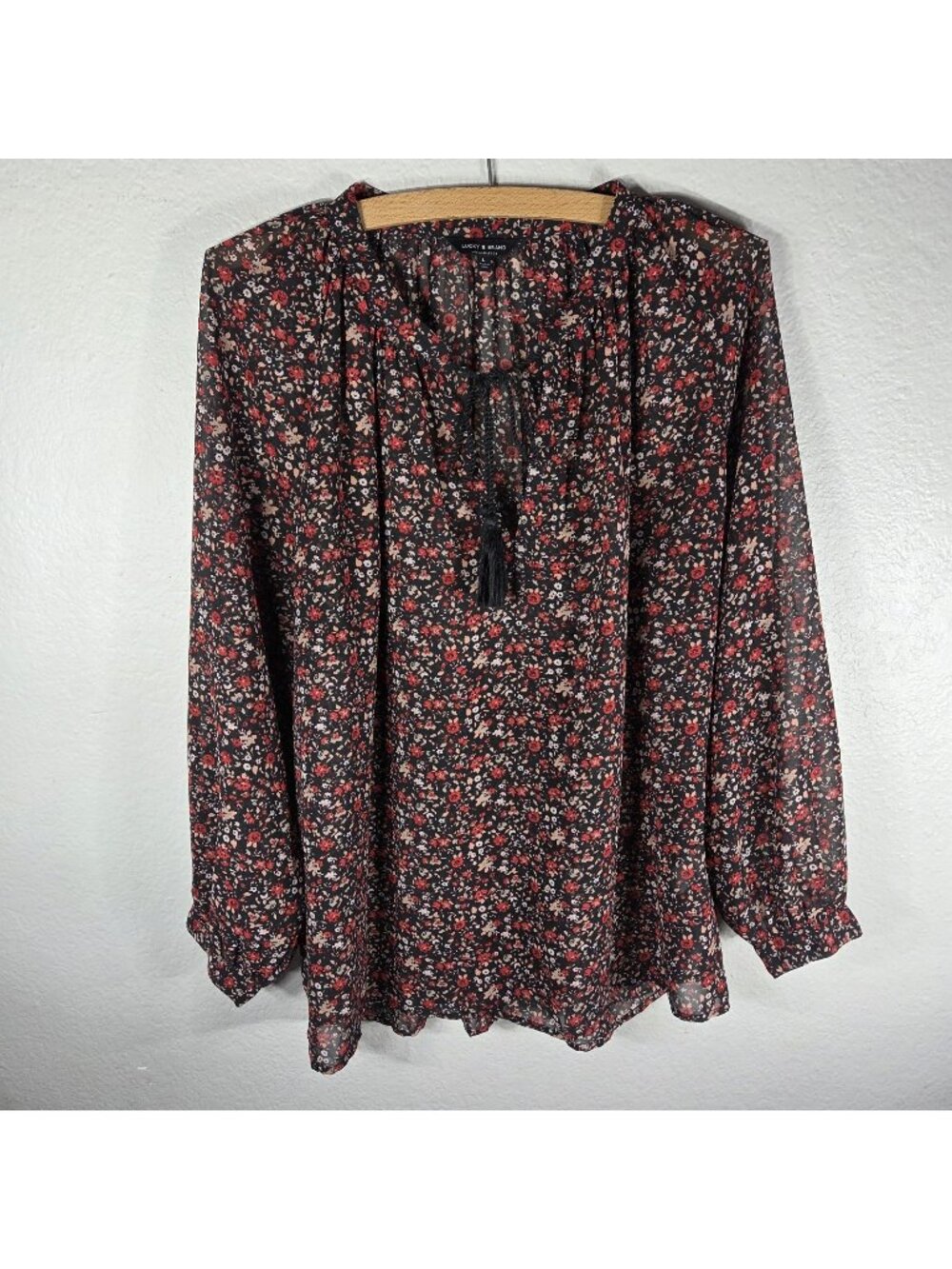 Lucky Brand Sheer Top Shirt L Long Sleeve Tassel Tie Keyhole Floral Boho Black